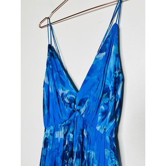 HALSTON Bright Blue Floral Chiffon V-Neck Criss-Cross Open Back Maxi Dress Size4 - Picture 12 of 14